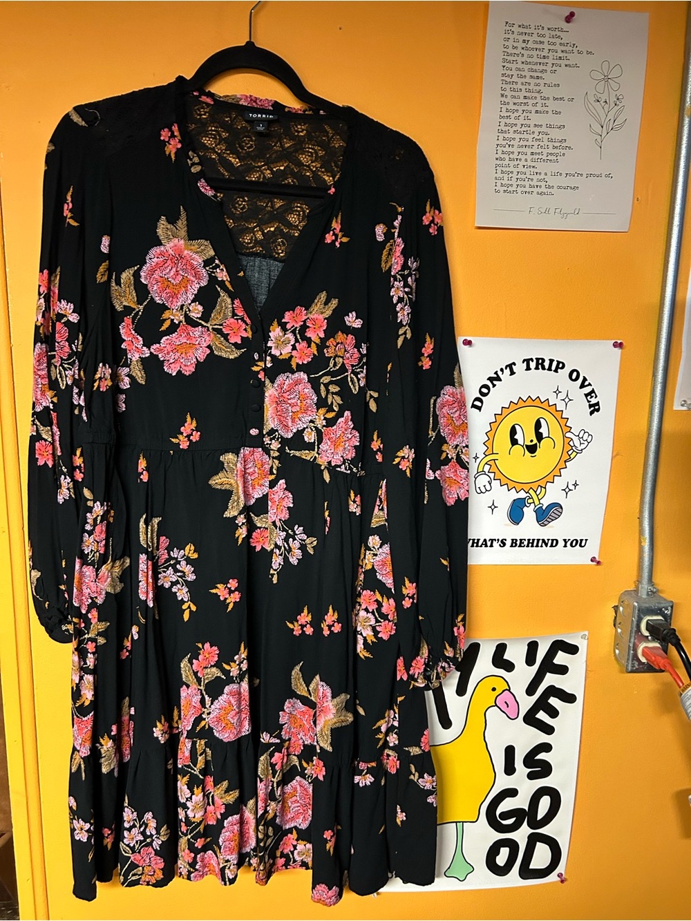 torrid Black Floral Long Sleeve Dress with Pink & Gold Accents